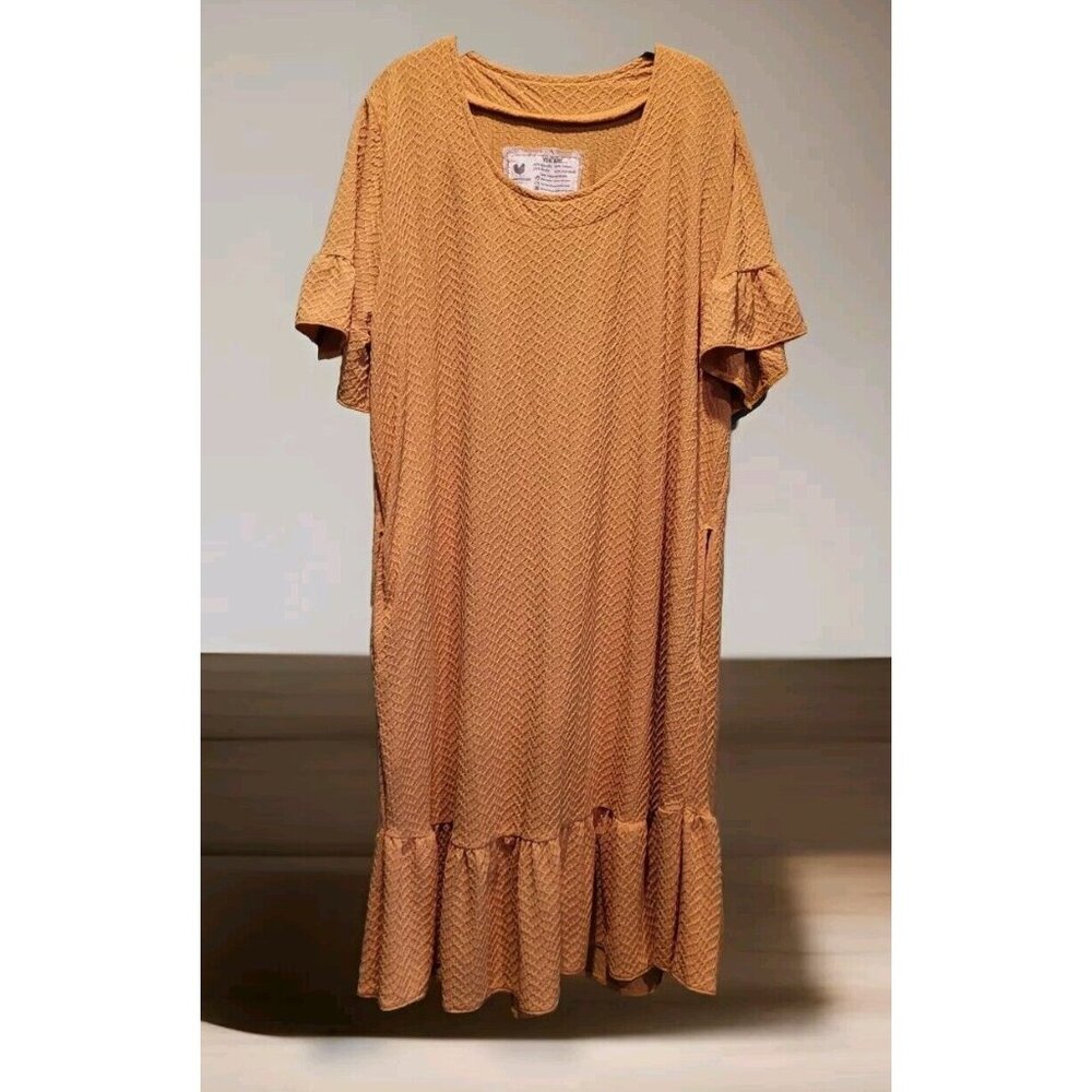 New Farmhouse Frocks Golden Yellow Textured A Line Daisy Midi Dress Sz L Pockets